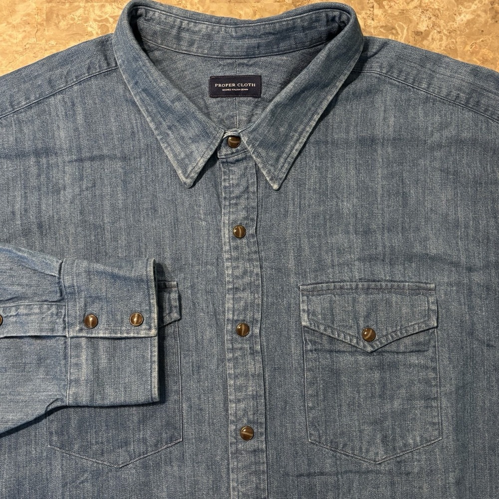 Proper Cloth Shirt Mens 19.5 37 Blue Washed Italian Denim Pearl Snap Long Sleeve